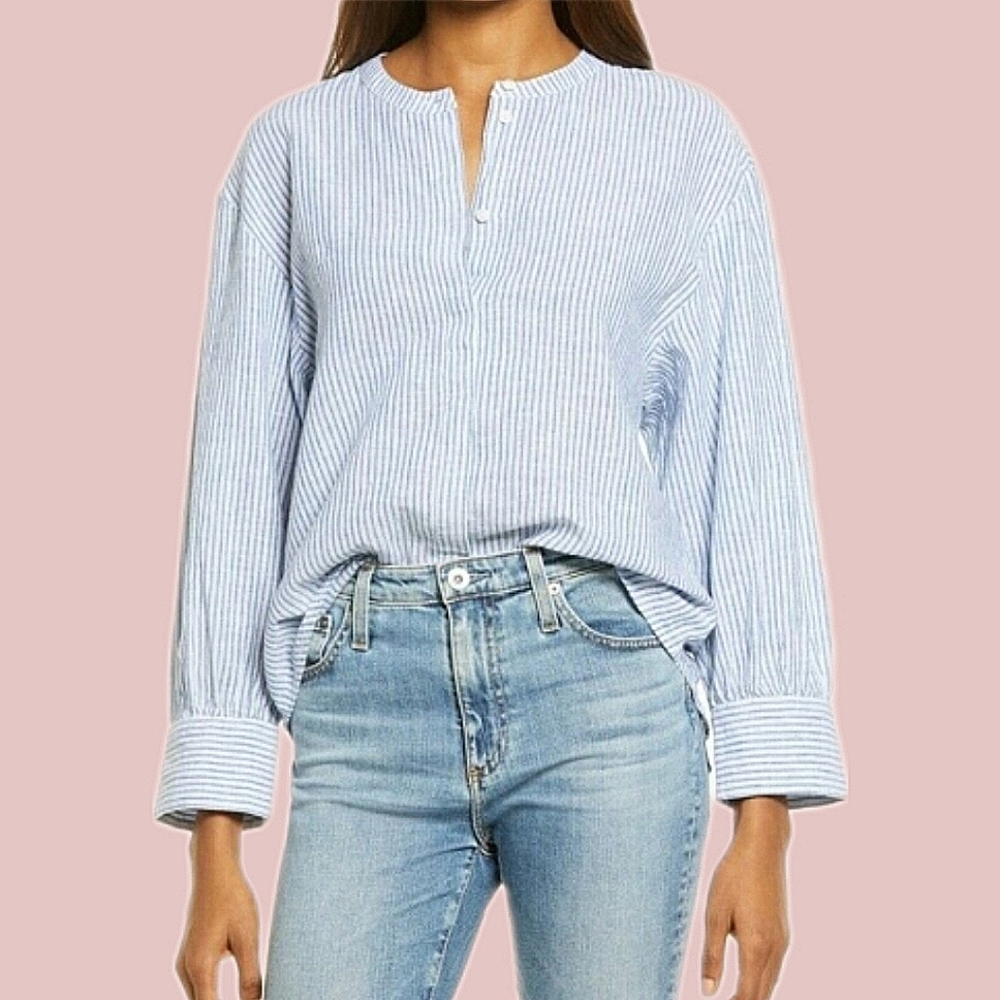 Treasure & Bond Stripe Long Sleeve Linen Blend Blouse